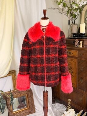 Red Plaid Faux Fur Jacket with Bright Red Trim Urbancode Coat Streetwear Grunge